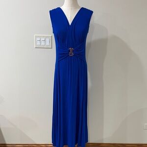 Liz Lange Royal Blue V-Neck Maxi Dress gold logo Buckle Detail Jersey stretch M
